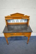 A 20TH CENTURY MARBLE TOP WASH STAND, the raised back with tile inserts, a single frieze drawer,
