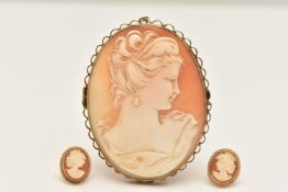 A CAMEO BROOCH AND PAIR OF 9CT GOLD CAMEO EARRINGS, the shell cameo brooch stamped 9ct, the earrings