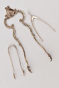THREE PAIRS OF SILVER SUGAR TONGS, to include a pair of Victorian scrolling tongs with claw bowls