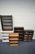 A WHITE PAINTED OPEN BOOKCASE, width 97cm x depth 33cm x height 93cm, three other open bookcases,