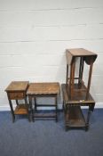 FOUR EARLY 20TH CENTURY OAK OCCASIONAL TABLES, to include two drop leaf tables, largest width 47cm x