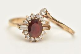 TWO GEM SET RINGS, to include a 9ct gold garnet and cubic zirconia set cluster ring (one stone is