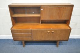 POSSIBLY TURNIDGE OF LONDON, A MID-CENTURY TEAK HIGHBOARD, fitted with double glass sliding doors, a