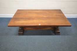 WILLIAM SHEPPEE, A HARDWOOD RECTANGULAR COFFEE TABLE, raised on six turned supports, scrolled