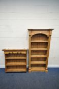 A MODERN PINE OPEN BOOKCASE, width 92cm x depth 33cm x height 183cm, along with a wall hanging plate