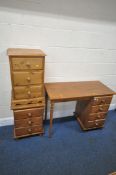 A MODERN PINE DESK, fitted with four drawers, width 103cm x depth 49cm x height 76cm, along with two