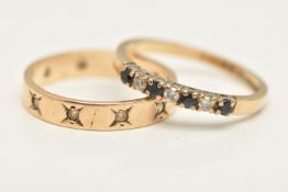 A 9CT GOLD DIAMOND AND SAPPHIRE RING, TOGETHER WITH A 9CT GOLD PASTE ETERNITY RING, the first set
