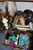 TWO BOXES AND LOOSE SUNDRIES to include assorted vintage cutlery, stainless steel pans, kitchenware,