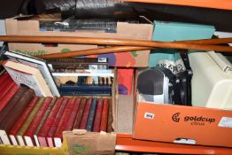 FOUR BOXES OF ASSORTED SUNDRIES to include a group of classical British novels, assorted ancient