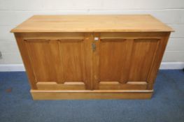 A LARGE PINE DOUBLE DOOR CABINET, with twenty-five divisions to the inside, width 168cm x depth 68cm