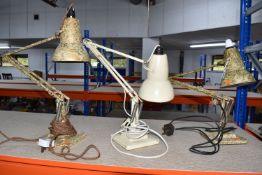 THREE VINTAGE HERBERT TERRY ANGLEPOISE LAMPS, square stepped bases, one in cream,