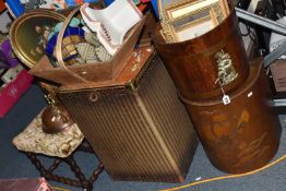 A GROUP OF MISCELLANEOUS ITEMS, a wooden half barrel, diameter 33cm x height 29.5cm, an