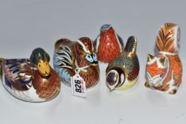 A GROUP OF FIVE ROYAL CROWN DERBY PAPERWEIGHTS to include an 'Autumn Squirrel' with a silver-