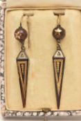 A PAIR OF 19TH CENTURY PIQUE EARRINGS, obelisk form tortoise shell drop earrings, inlaid with yellow