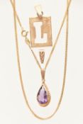 A 9CT GOLD FINE CURB LINK CHAIN WITH TWO PENDANTS, the chain fitted with a spring clasp,