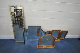 A RECTANGULAR WALL MIRROR, 118cm x 33cm, two triple dressing mirrors, and another mirror,