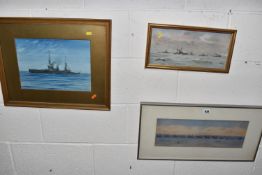 THREE PICTURES OF BRITISH WARSHIPS, comprising a watercolour / gouache view of HMS Inflexible in