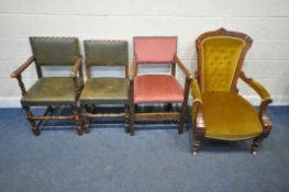 AN EARLY 20TH CENTURY OAK FRAMED ARMCHAIR, with buttoned back upholstery, open armrests, raised on