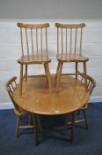 A 20TH CENTURY OAK DROP LEAF TABLE, raised on cylindrical legs, diameter 111cm x closed width 65cm x