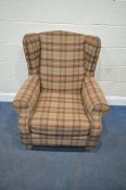 A NEXT TARTAN UPHOLSTERED WING BACK ARMCHAIR, width 88cm x depth 85cm x height 100cm, condition