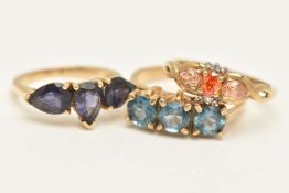 THREE GEM SET RINGS, three yellow gold rings, each set with coloured semi-precious stones,