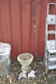 A SELECTION OF GARDEN ORNAMENTS including a concrete urn 46cm in diameter, two bear figures and a