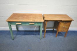 A 20TH CENTURY PARTIALLY PAINTED OAK TABLE, with two frieze drawers, width 106cm x depth 60cm x