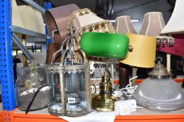 A LARGE COLLECTION OF LAMPS AND DECORATIVE ITEMS to include a pressed glass hanging shade diameter