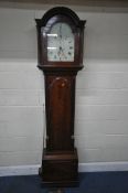A GEORGIAN AND LATER EIGHT DAY MAHOGANY CASED LONGCASE CLOCK, the arched hood with two Corinthian