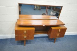 A MID-CENTURY TEAK DRESSING TABLE, with a rectangular mirror, a bow front shelf, over four drawers