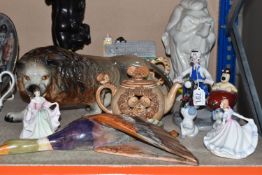 A GROUP OF CERAMICS, to include a Melba Ware flying duck wall plaque, lion sculpture length 36cm, (