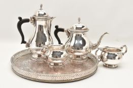 AN EPNS 'BARKER ELLIS' FOUR PIECE TEA SET AND A SILVER PLATED TRAY, comprising of a teapot and