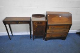 A EDWARDIAN MAHOGANY BUREAU, the fall front door enclosing a fitted interior, over three drawers,
