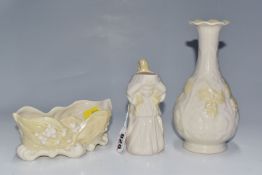 A GROUP OF THREE BELLEEK YELLOW LUSTRE ITEMS to include a 'Grape Vine' vase with a fluted rim height
