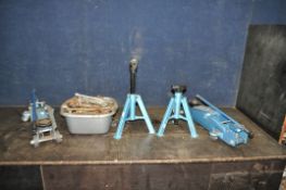 A SELECTION OF AUTOMOTIVE TOOLS including two trolley jack, a pair of axle stands and a bowl