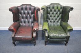 A GREEN LEATHER CHESTERFIELD STYLE WING BACK ARMCHAIR, raised on front cabriole legs, width 94cm x