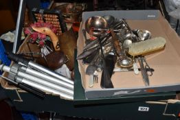 THREE BOXES AND LOOSE MISCELLANEOUS ITEMS to include a boxed Viyella hat, coal scuttle, warming pan,