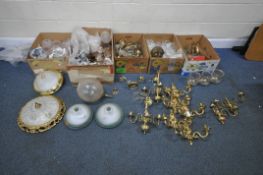 FIVE BOXES AND LOOSE, A LARGE QUANTITY OF LIGHT FITTINGS FIXTURES AND SHADES, varying in shape,