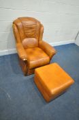 A TANNED LEATHER ARMCHAIR, width 83cm x depth 92cm x height 93cm, along with a footstool,