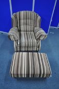 A BROWN STRIPPED FABRIC UPHOLSTERED ARMCHAIR, width 102cm x depth 104cm x height 86cm, along with