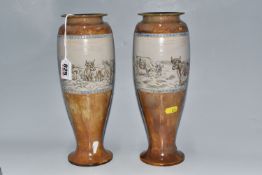 A PAIR OF HANNAH BARLOW FOR ROYAL DOULTON PEDESTAL VASES with sgraffito bands of cows in