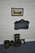 A 20TH CENTURY FRAMELESS BEVELLED EDGE WALL MIRROR, with an oak crest, width 72cm x height 50cm, a
