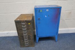 A BLUE PAINTED STOR SINGLE DOOR METAL CABINET, width 47cm x depth 32cm x height 77cm, along with a
