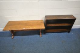 AN OAK RECTANGULAR COFFEE TABLE, raised on trestle style legs, united by a stretcher, width 116cm