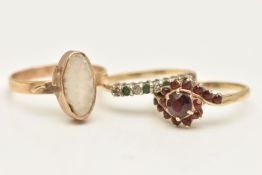 THREE GEM SET RINGS, the first a 9ct gold emerald and cubic zirconia half eternity ring,