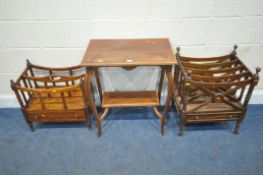 A REPRODUCTION SIDE TABLE, raised on cabriole legs, united by an undershelf, width 63cm x depth 41cm