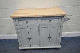 A MODERN PARTIALLY PAINTED TROLLEY, with a beech top, two drawers over four cupboard doors, width