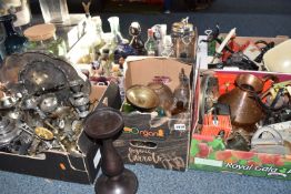 FIVE BOXES AND LOOSE METAL WARES, GLASS AND SUNDRIES, to include sliver plated wares, cast iron