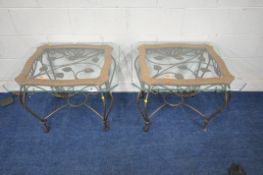 A PAIR OF WROUGHT IRON AND RATTAN TABLES, with glass surfaces, width 74cm x depth 64cm x height 58m,