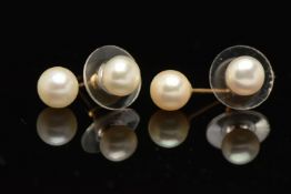 TWO PAIRS OF CULTURED PEARL STUD EARRINGS, both pairs fitted with yellow metal posts for pierced